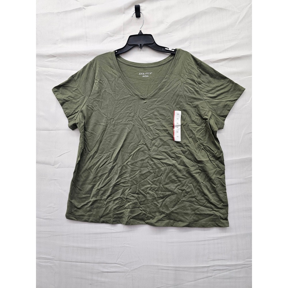 Ava & Viv Womens 1X V-Neck Short Sleeve T-Shirt Dark Green Olive Jersey Tee NEW